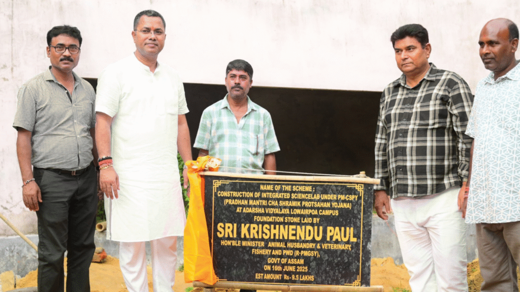 Krishnendu Paul laying foundation stone for science lab, library, and computer room at Lowairpoa Adarsha Vidyalaya, Karimganj district, Assam