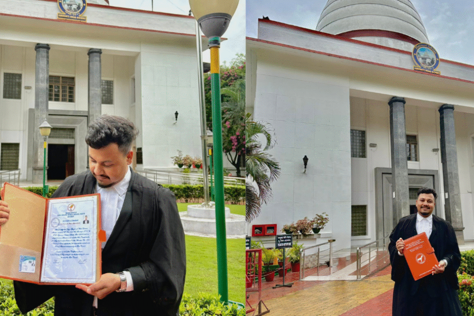 Naziz Afruz, law graduate and newly inducted Bar Council member, in formal attire outside Gauhati High Court.