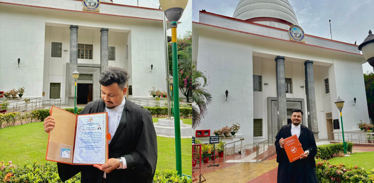 Naziz Afruz, law graduate and newly inducted Bar Council member, in formal attire outside Gauhati High Court.