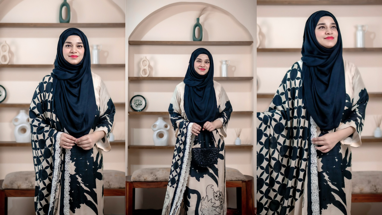 Ramsha Sultan Khan holding modest fashion pieces from Elegantly Covered