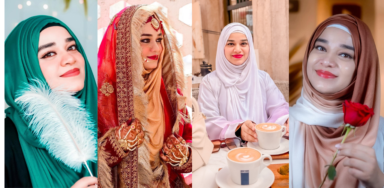 Ramsha Sultan Khan wearing a modest pastel hijab with minimal makeup, smiling confidently in soft daylight.