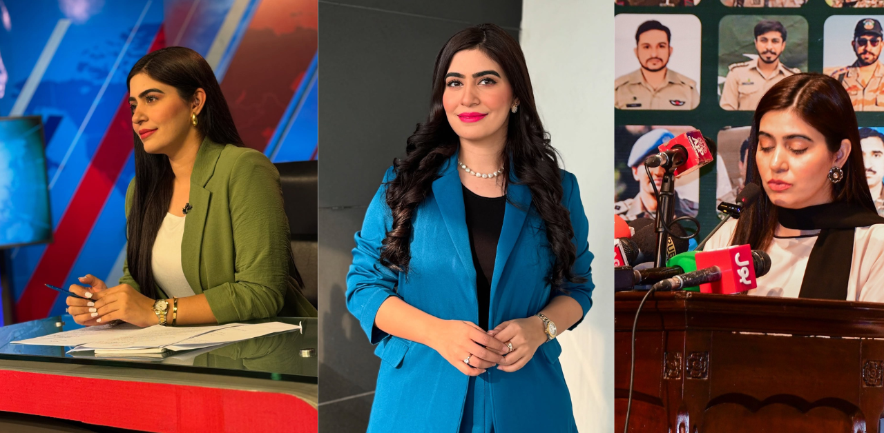 Muneezay Moeen – Pakistani journalist, political analyst, TV anchor, and social activist speaking at a media event