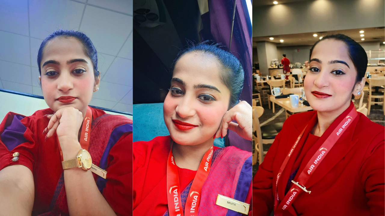Srijita Roy in IndiGo uniform during her early aviation career, interacting with passengers.