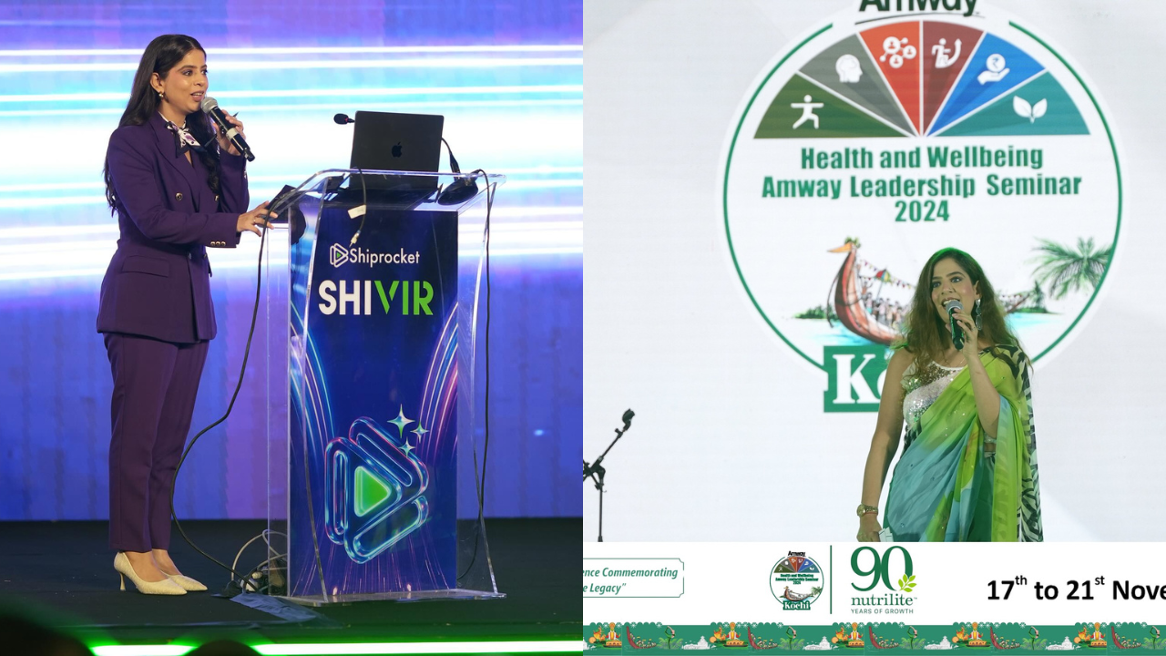Manvi Khilnani hosting a corporate event on stage