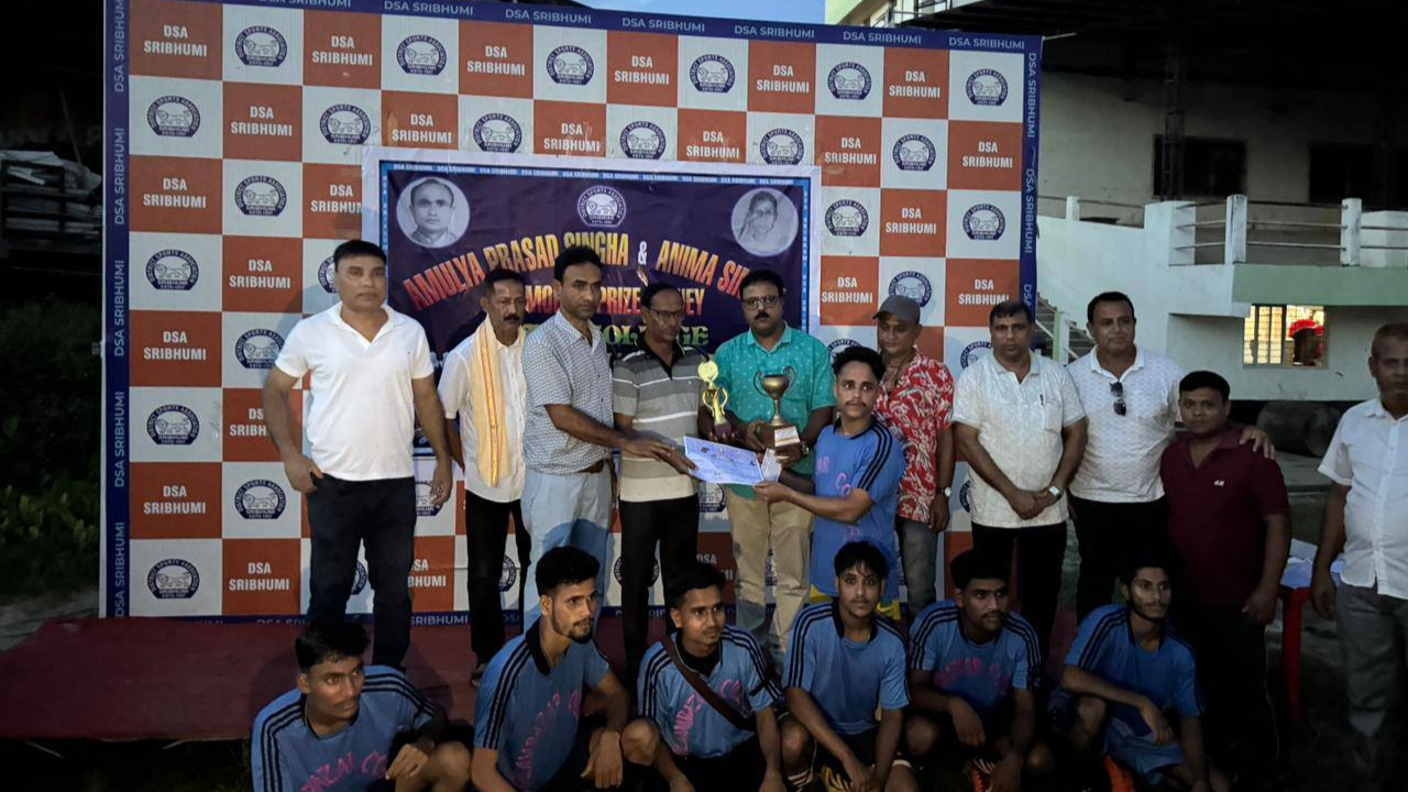 Kabir Ahmed with champion R.K. Nagar College and runner-up Nilambajar College teams Karimganj Football Tournament 2025