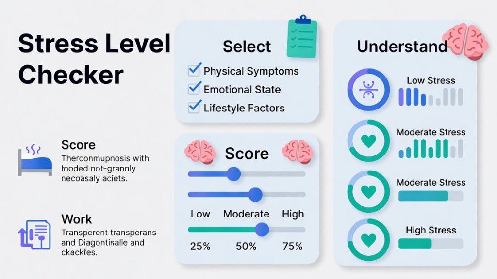 Stress level checker process showing selection of stress symptoms, cortisol-related stress scoring, and stress awareness results